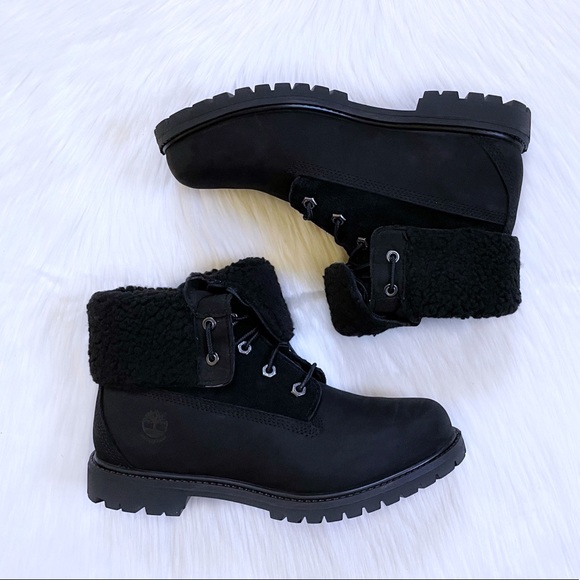 Timberland Women’s Authentics Teddy Fleece Waterproof Fold Down Black Boots - Picture 5 of 9